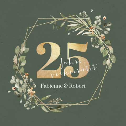 Einladungskarte zur Silbernen Hochzeit mit goldenem Rahmen und Zweigen