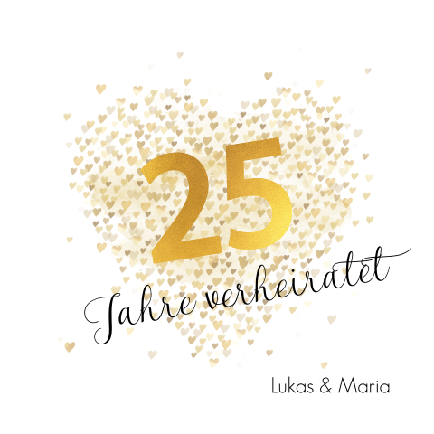 Schöne Silberhochzeitseinladung mit goldgelben Herzen und Foto