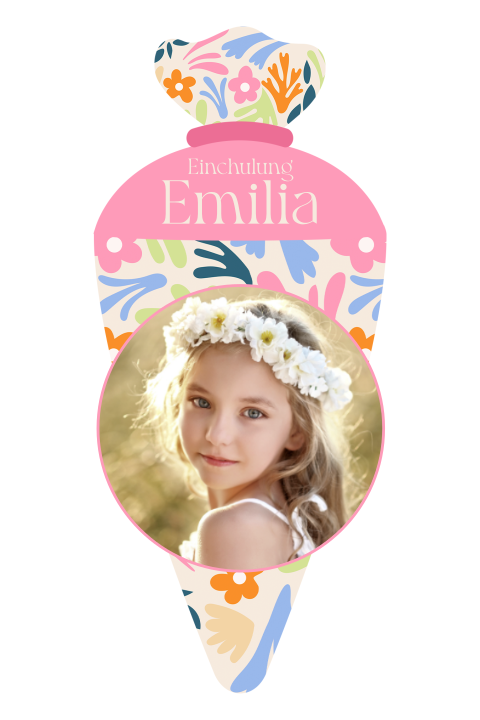 Einladung Einschulung in Form einer Schultüte mit Blümchen und Foto