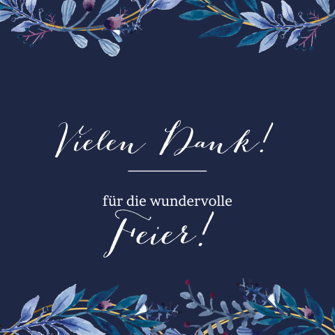 Dankeskarte Hochzeit in Blau mit Blumen und Foliendruck