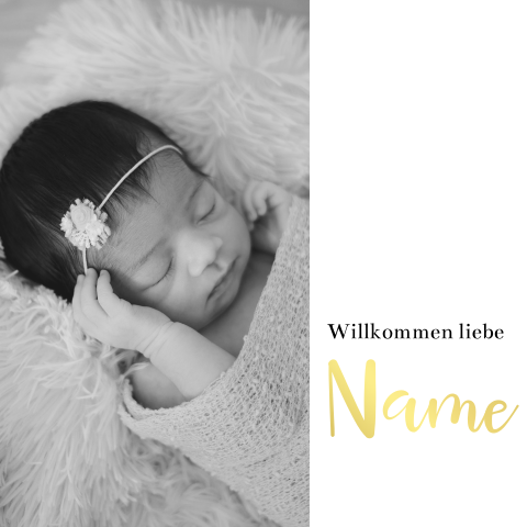 Dezente Geburtskarte mit Goldfolie und Babyfoto