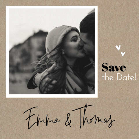 Echtes Kraftpapier Save the date Karte mit Herzen und Foto