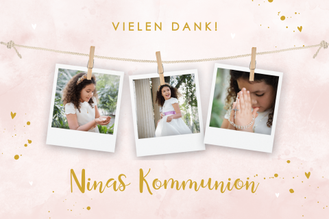 Danksagung zur Kommunion in rosa mit goldenen Herzchen