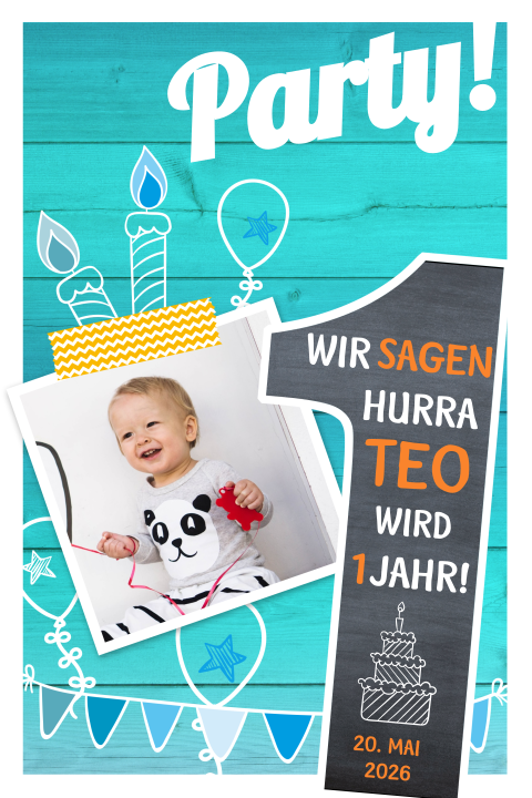 Blaue Einladungskarte zum 1. Geburtstag