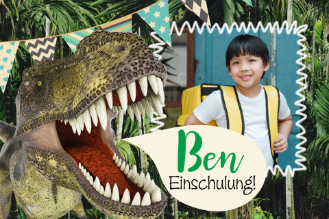Witzige Einschulungskarte mit Dino und Foto