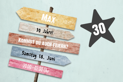 Coole Geburtstagseinladung mit buntem Wegweiser und Stern