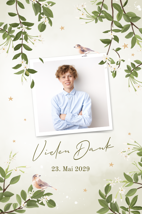 Danksagung zur Konfirmation mit Foto, Vögeln und Zweigen