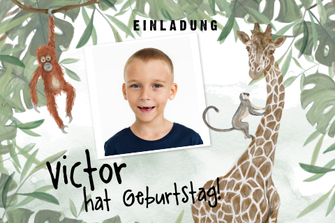 Coole Geburtstagskarte mit Zeichnungen von Affen und einer Giraffe
