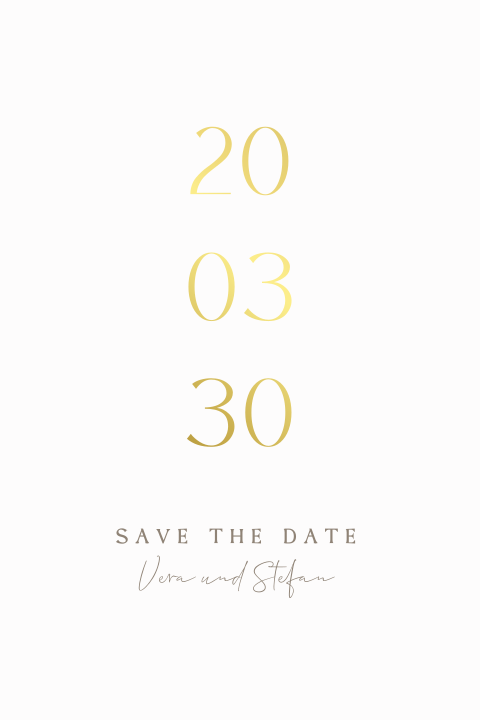 Minimalistische Save the Date Karte mit großem Datum und Goldfolie