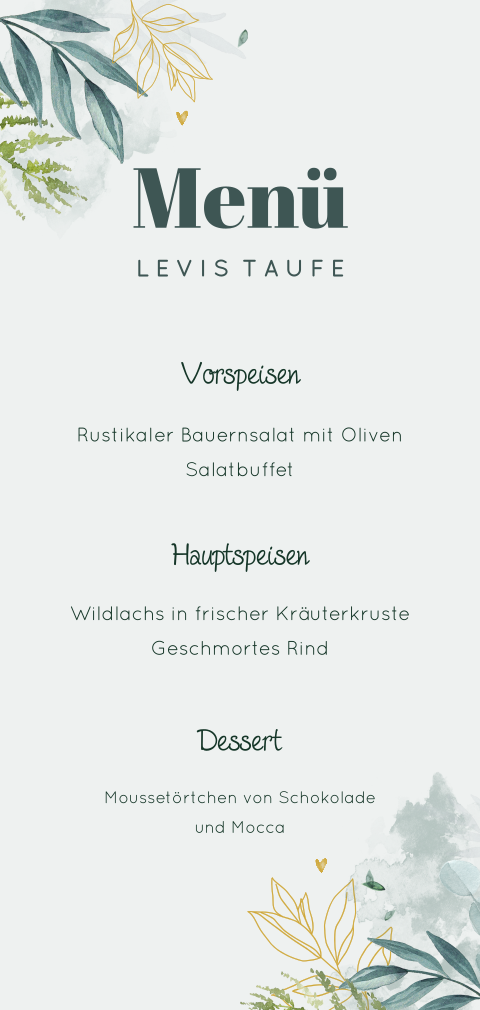 Menükarte zur Taufe mit Zweigen