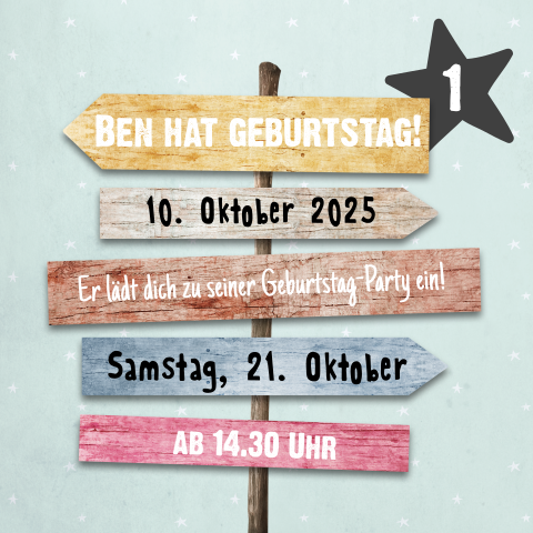 Geburtstagseinladung 1 Jahr mit buntem Wegweiser