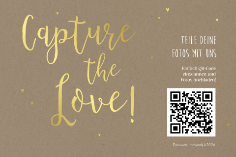 Karte mit QR-Code für Fotos mit Goldfolie und Herzen im Kraft-Look