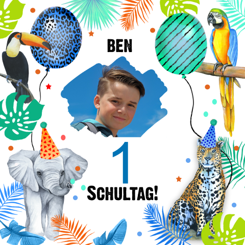 Lustige Einschulungskarte mit Dschungel-Thema und Foto