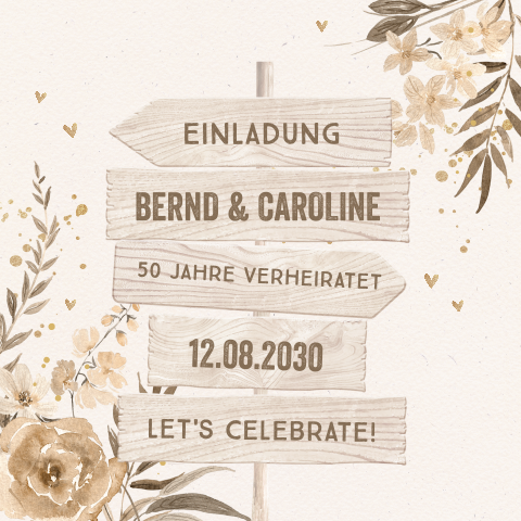 Einladungskarte zum goldenen Hochzeit mit Wegweiser und Blumen