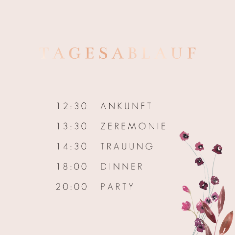 Tagesablaufkarte mit Blumen und Roségoldfolie