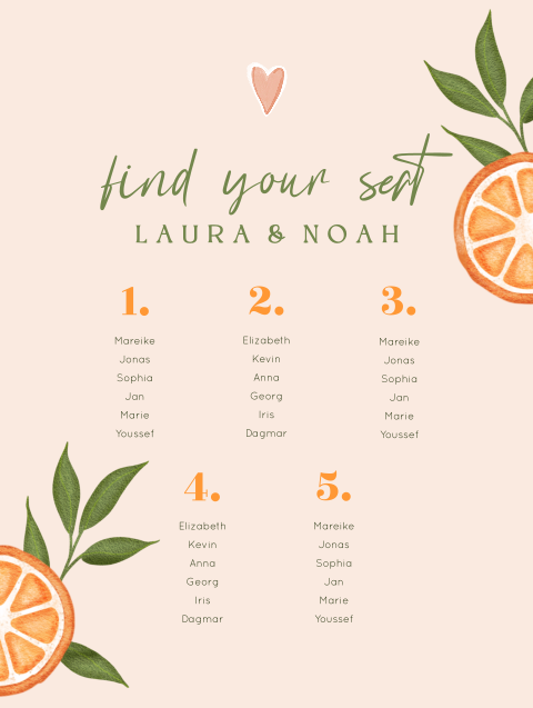 Sitzplan Schild mit Orangenzweigen und Herz auf orangenem Hintergrund