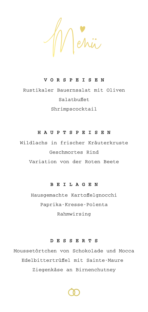 Schlichte Menükarte mit Goldfolie, Eheringen und runden Ecken