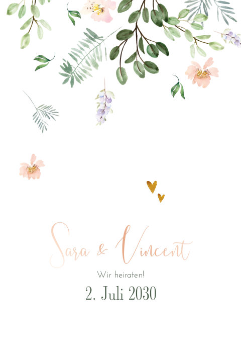 Süße Hochzeitseinladung mit vielen Blumen und Herzen