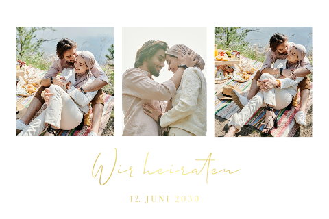 Moderne Hochzeitskarte mit drei Fotos und Goldfolie