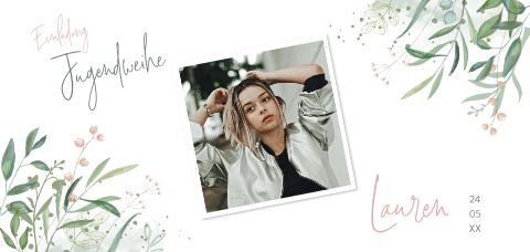 Einladung zur Jugendweihe mit Blättern, Blumen und Foto Panorama