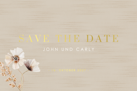 Elegante Save the Date Karte mit Veilchen und Goldfolientext
