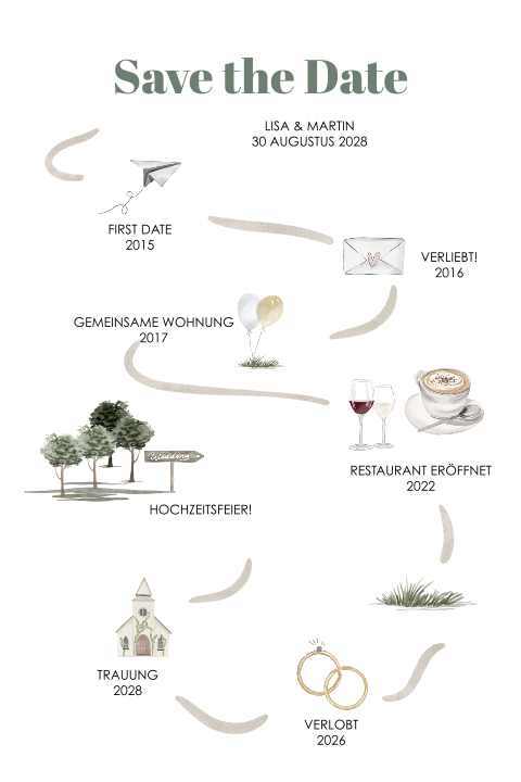 Save our Date-Karte mit Tagesablauf als Route