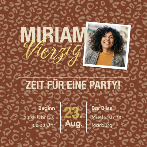 Coole Einladung zum 40. Geburtstag mit Leopardenmuster, Foto und Goldfolie