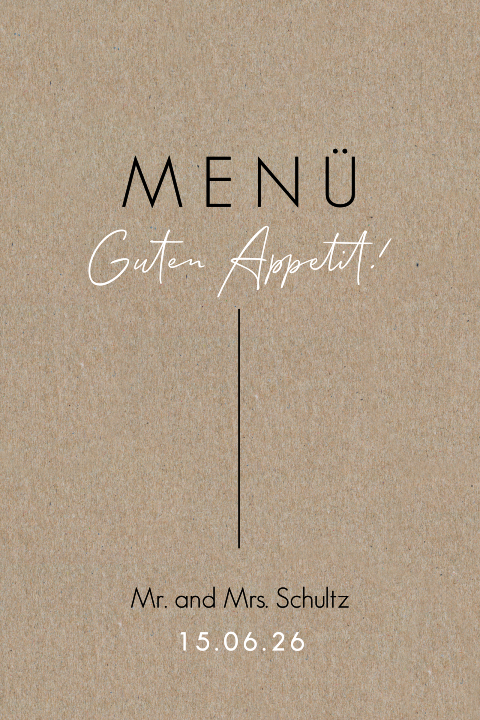 Rustikale Hochzeitsmenükarte auf Kraft mit modernen Schriftzügen