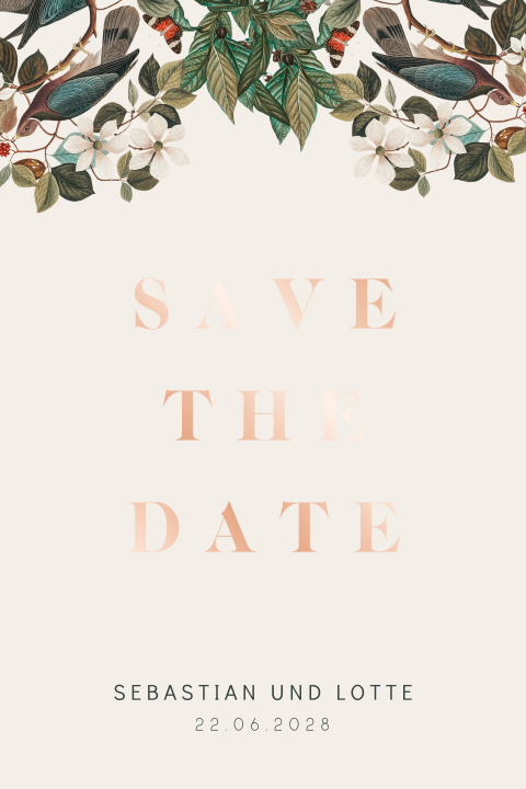 Stilvolle Save the Date Karte mit Blumen, Vögeln und Schmetterlingen