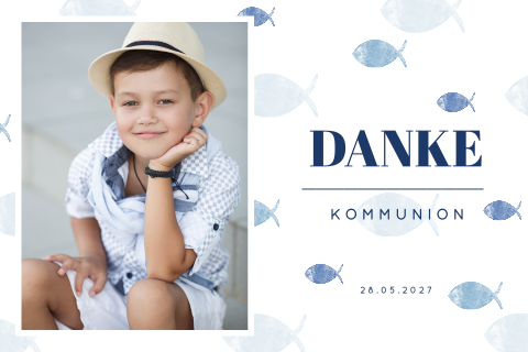 Danksagung zur Kommunion mit Foto und Fischen in Blau