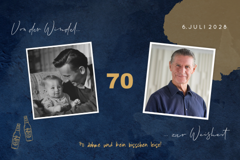 Einladung zum 70. Geburtstag mit Fotos und Bierflaschen
