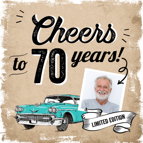 Vintage Einladung zum 70 Geburtstag in schickem Beigeton mit Foto