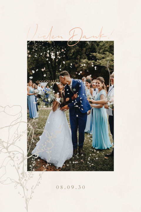 Danksagung Hochzeit mit Foto, Blumen und eleganter Schrift