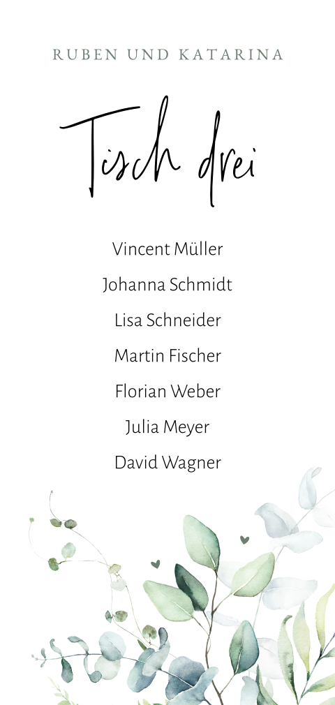 Botanische Gruppentischkarte mit Aquarellzweigen