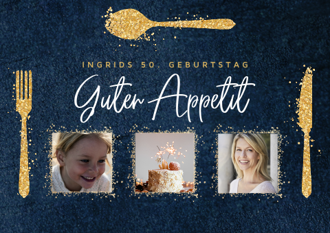 Tischset für den 50. Geburtstag mit Besteck aus Glitzer und Fotos