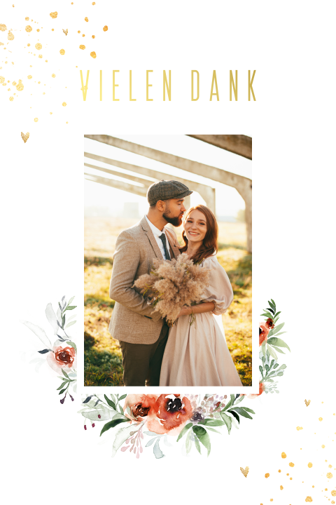 Romantische Dankeskarte mit Blumen, Herzen und Foto
