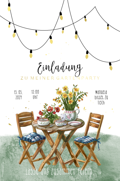 Geburtstagseinladung Gartenfest mit Girlanden und Gartentisch 60 Jahre