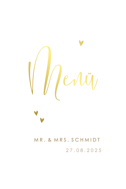 Menükarte in geometrischer Form und Goldfolien-Herzen