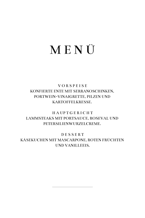 Schlichte Menükarte in Weiss mit runden Ecken