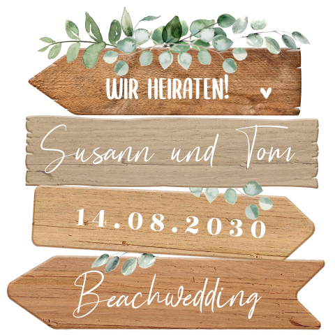 Originelle Strandhochzeit-Einladung in Wegweiserform mit Eukalyptus