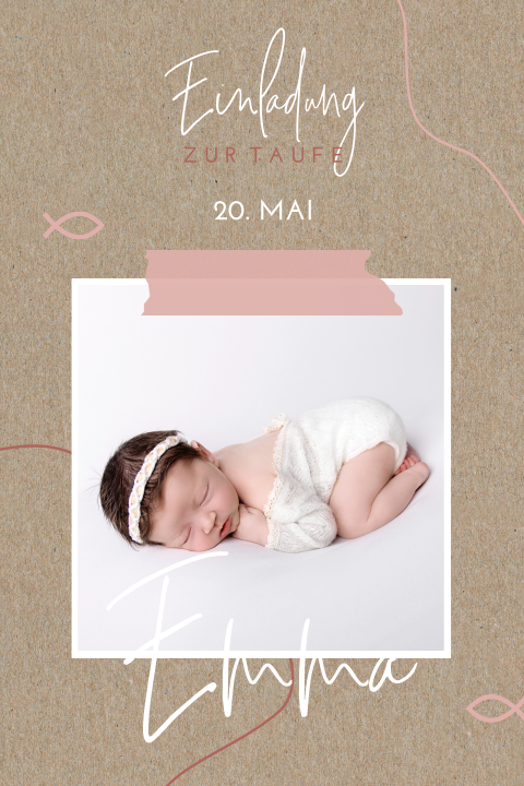 Süße Einladung zur Taufe mit Foto auf Kraft-Look mit rosa Schrift