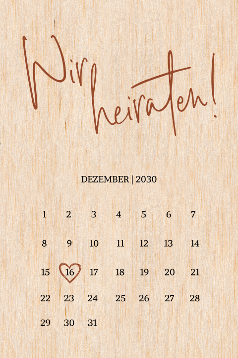 Echtholz-Hochzeitskarte mit Kalender und brauner Schrift