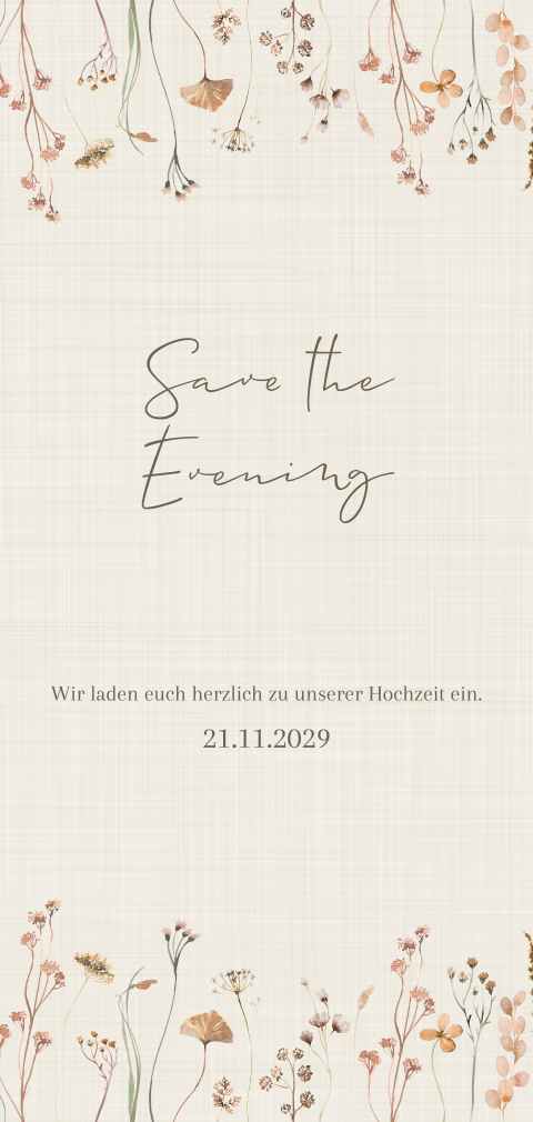 Save the Date Karte mit zartem Blumen Print und geschwungener Schrift