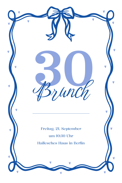 Geburtstagseinladung 30 Dinner mit blauen Schleifen und Herzchen