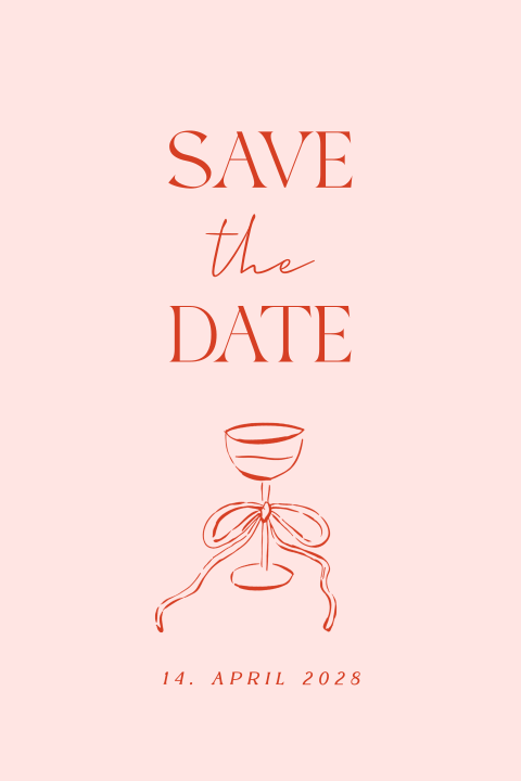 Romantische Save the Date Karte mit Champagnerglas und Schleifchen