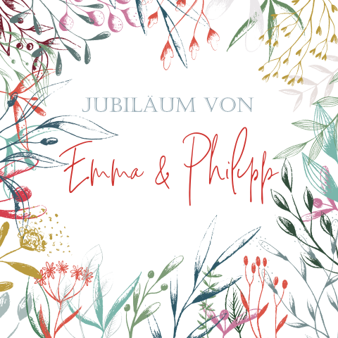 Fröhliche Einladung zum Hochzeitstag mit Zweigen in trendigen Farben