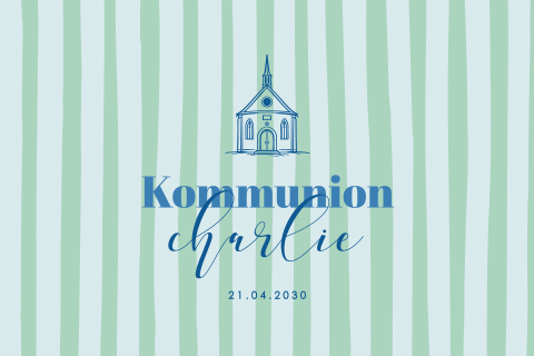 Einladung zur Kommunion mit blauen Streifen und Illustration