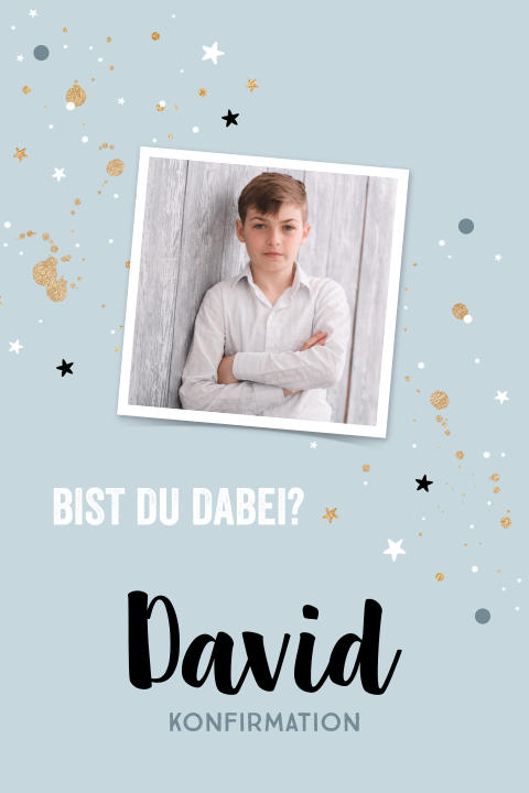 Einladung zur Konfirmation mit Foto, Sternen und Goldelementen