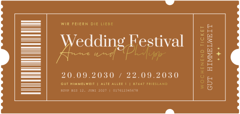 Hochzeitseinladung für ein Wochenende im Ticketstil mit Goldfolie