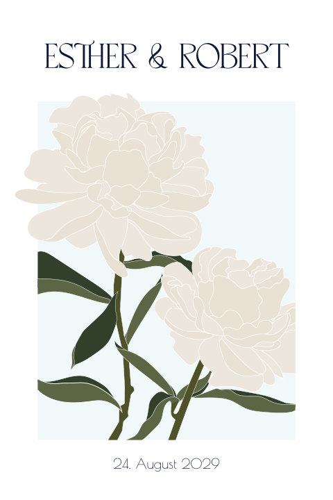 Elegante Hochzeitseinladung mit weißen Pfingstrosen